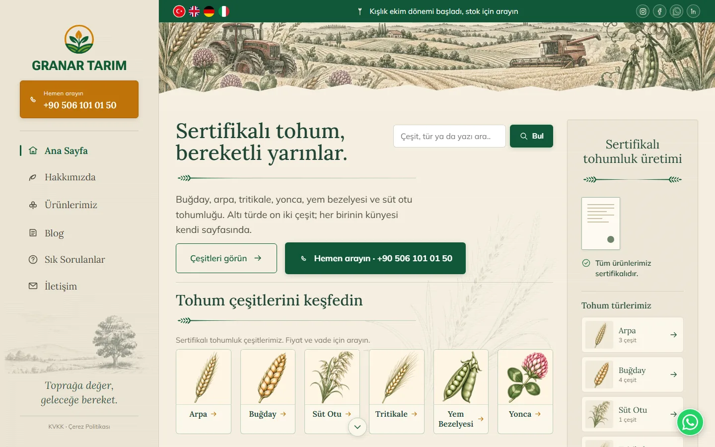 Granar Tarım web sitesi ekran görüntüsü 1